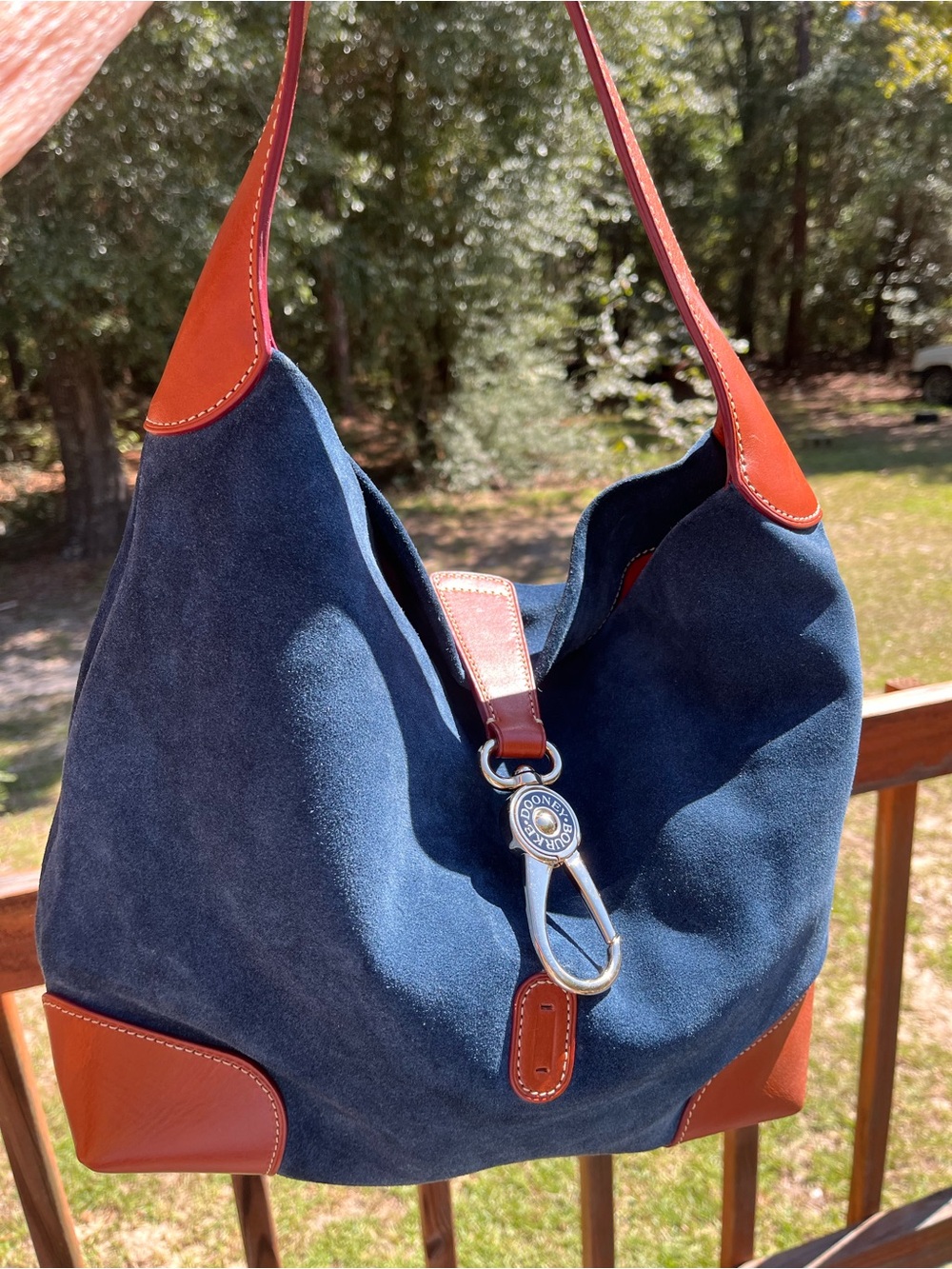 Dooney & Bourke Blue Suede Shoulder Bag with Brown Leather Trim